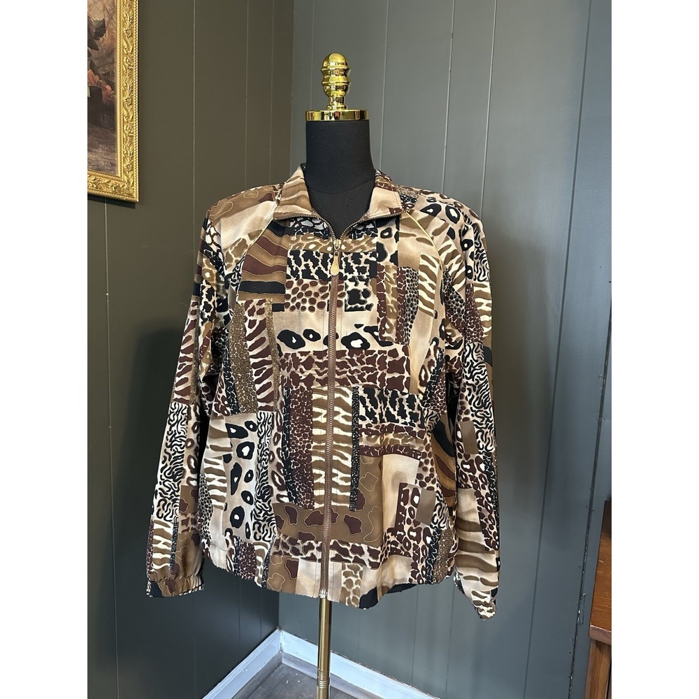 Vtg Teddy Bomber Jacket Womens M 80s Windbreaker Patchwork Animal‎ Print Leopard